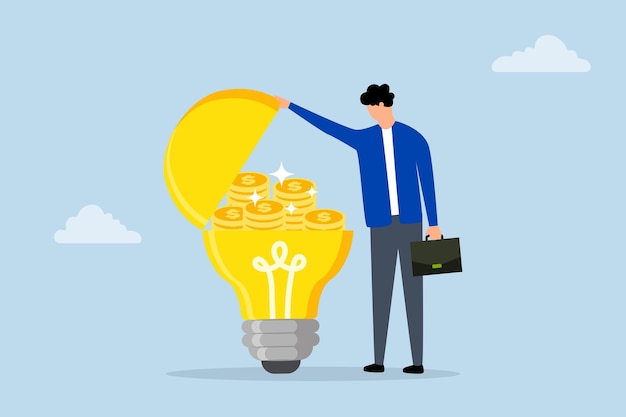 Maak geld idee zakenman opende idee van gloeilamp en vond verbinding die winst munten verdient