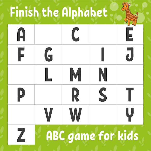 Maak het alfabet af. ABC-spel voor kinderen. Onderwijs ontwikkelen werkblad. Leerspel voor kinderen.