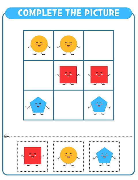 Maak het plaatje van geometrische vormen compleet. Educatief spel Werkblad voor kinderen Sudoku