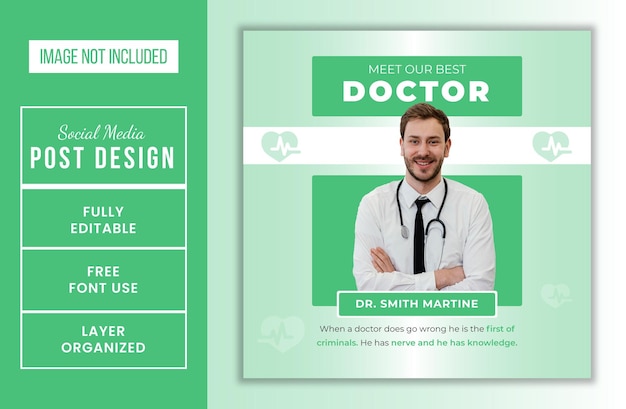 Vector maak kennis met onze beste dokter promotionele medische dienst social media postontwerp volledig bewerkbaar eps-bestand
