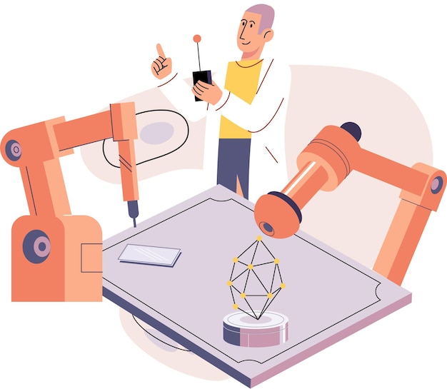 Maakprocesindustrie Wetenschapper robot die producten assembleert Slimme fabricage automatisering ontwikkelingsmetafoor Slimme industrie productontwerp geautomatiseerde productierobots en machines 40