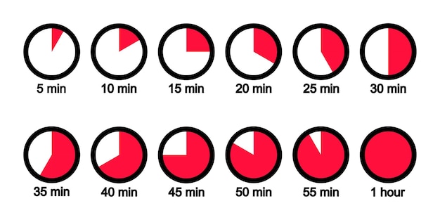 Maaltijd vector iconen set. Timer klok 5 minuut tot 1 uur. Kooktijdpictogrammen op witte achtergrond.