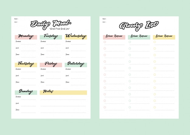 Maaltijdmenu-planner en boodschappenlijst met checklist voor printsjabloon in pastelkleur