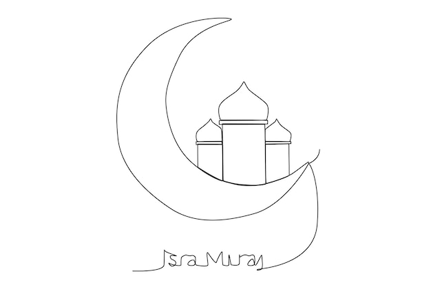 Maan en moskee voor Isra Miraj illustratie één lijntekeningen