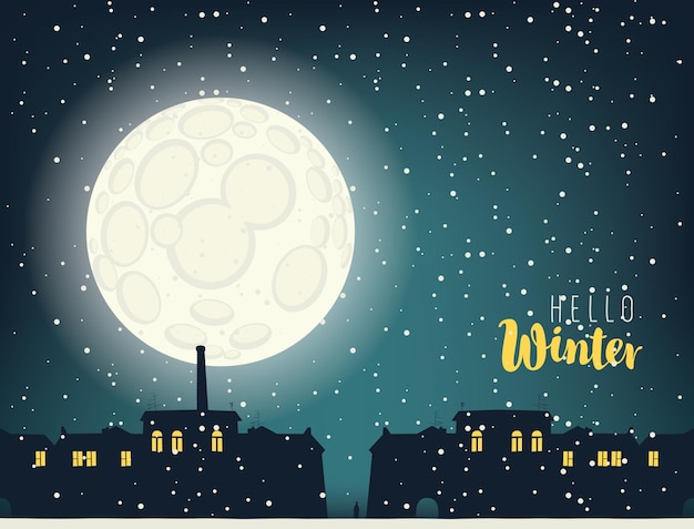 Vector maan nacht winter stadsgezicht