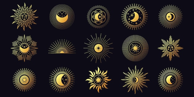 Maan, zon en sterren, hemelse boho-lijnelementen. chique gouden mystieke astrologiesymbolen. minimalistische yoga tattoo en logo ontwerp vector set