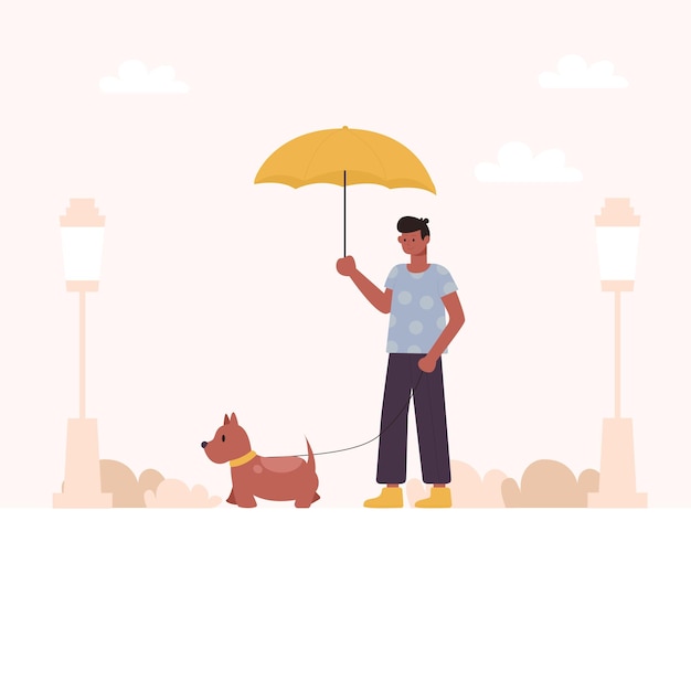 Maand van de hondenuitlaatservice een man met een paraplu in de regen aan het wandelen met een hond