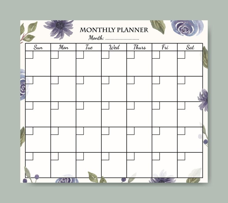 Vector maandelijks planner sjabloonontwerp met handgeschilderde aquarel paarse bloemen achtergrond afdrukbare