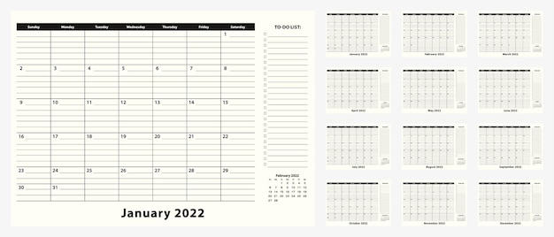 Vector maandelijkse business desk pad-kalender voor het jaar 2022, 12 maanden.