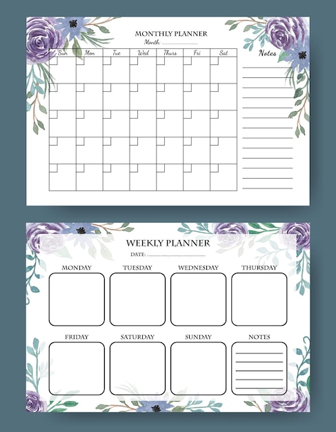 Vector maandelijkse en wekelijkse planner sjabloon met prachtige aquarel paarse bloemen arrangement
