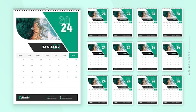 Maandelijkse kalender sjabloonontwerp voor het jaar 2024 Week begint op maandag kalender in minimale stijl