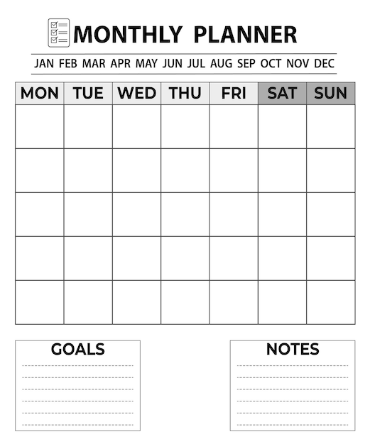 Vector maandelijkse planner met doelen en notities met strakke uitstraling