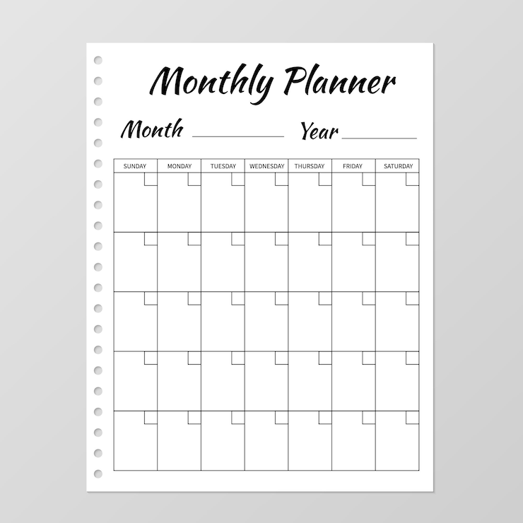Vector maandelijkse planner sjabloon lege witte notebook pagina geïsoleerd op grijs organisator pagina vel papier briefpapier voor onderwijs kantoor en het plannen van een routine vectorillustratie