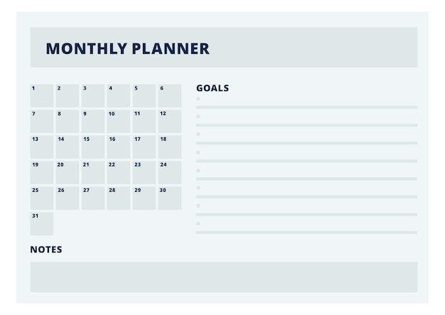 Vector maandelijkse plannerpagina kalender en projectorganisatorsjabloon