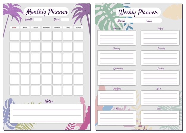 Maandelijkse weekplanner set sjabloon vector palmen bloemen achtergrond notities