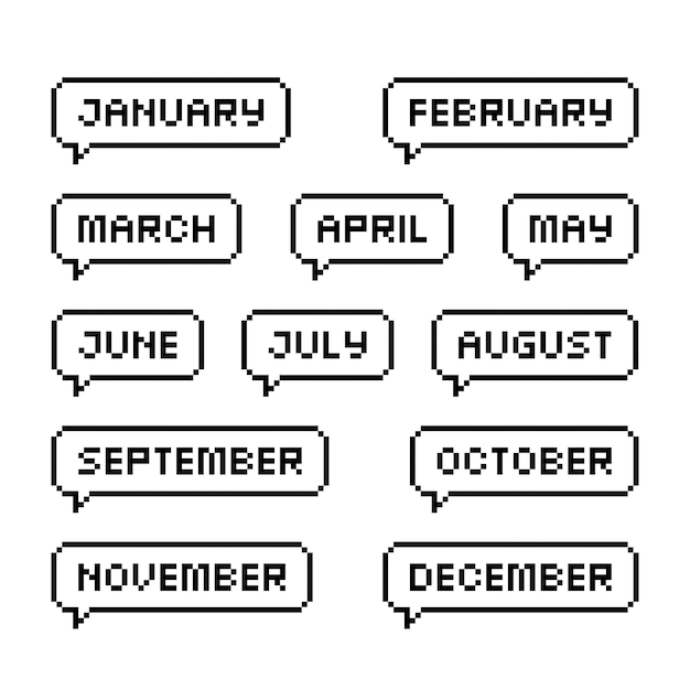 Maanden in 1 jaar met pixelart-letters in tekstballon