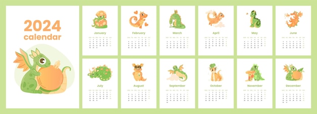 Maandkalender voor 2024 met platte illustraties van grappige stripfiguren