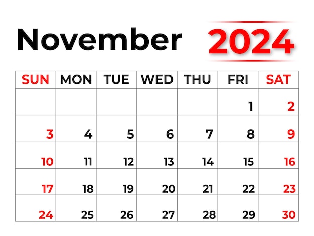 Maandkalender voor november 2024 Week begint vanaf zondag