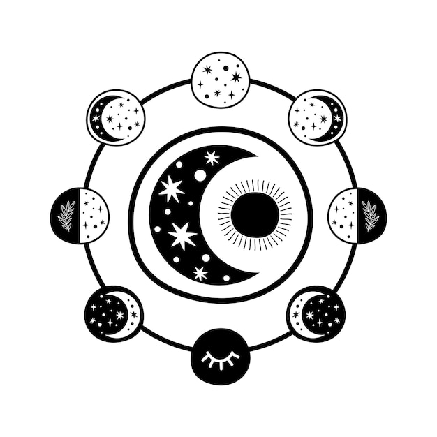 Maanfase logo Boho maansymbool Zwarte maancyclus Volle maan halve maan geïsoleerd Hemels pictogram grafisch element