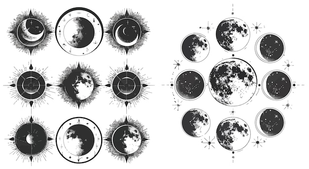 Maanfasen Mysterieuze maanlicht activiteit fasen met de hand getekende heilige geometrie maan