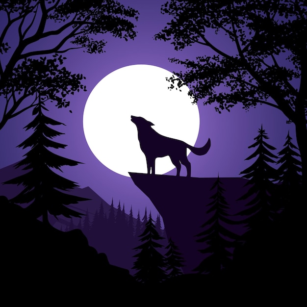 Vector maanlicht nachtlandschap met wolf