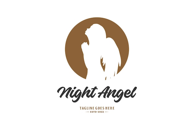 Maannacht met biddende engel meisje vrouw dame vleugels silhouet logo ontwerp