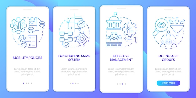 Componenti introduttivi maas schermata dell'app mobile onboarding gradiente blu