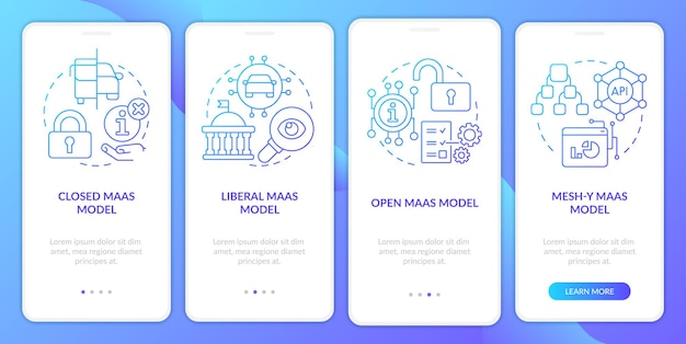 MaaS models blue gradient onboarding mobile app screen