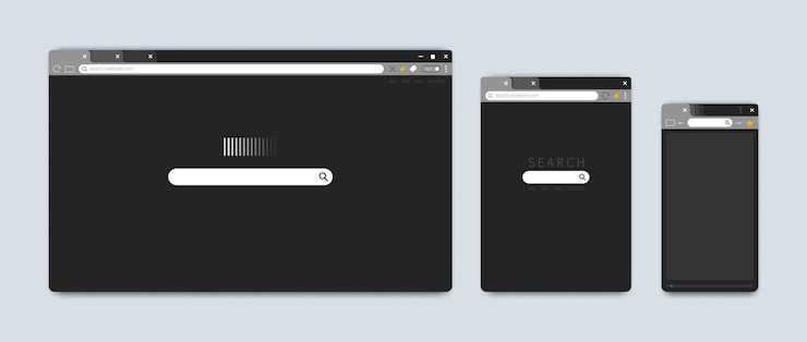 Vector mac browser windows screen web interface for apple or chrome dark design url address and search tab bar empty frame menu option button vector computer or mobile ui template set