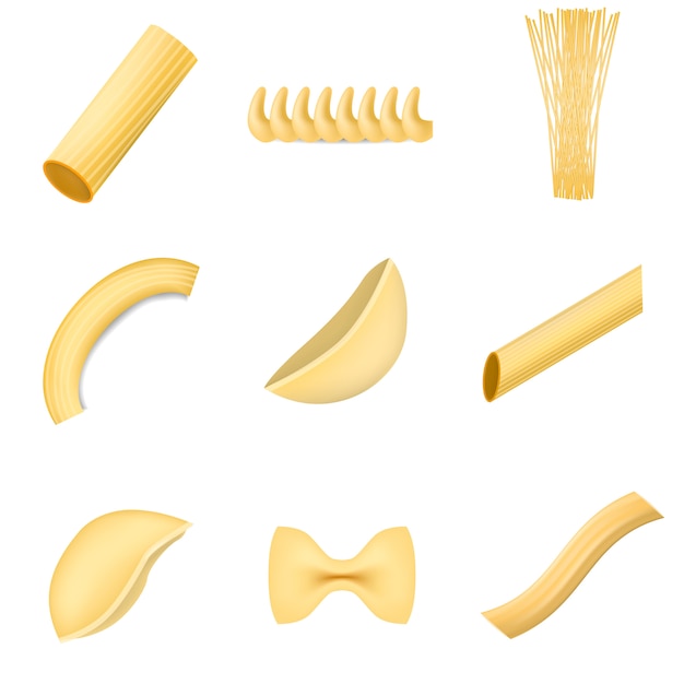 Macaroni pasta spaghetti mockup set. Realistische illustratie van 9 macaroni pasta spaghetti mockups voor het web