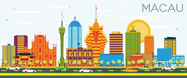 Vector macau china city skyline with color buildings and blue sky. vector illustration. business travel and tourism concept with modern architecture. macau cityscape with landmarks.