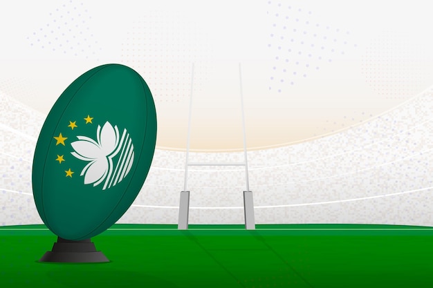 Macau national team rugby ball on rugby stadium and goal posts preparing for a penalty or free kick