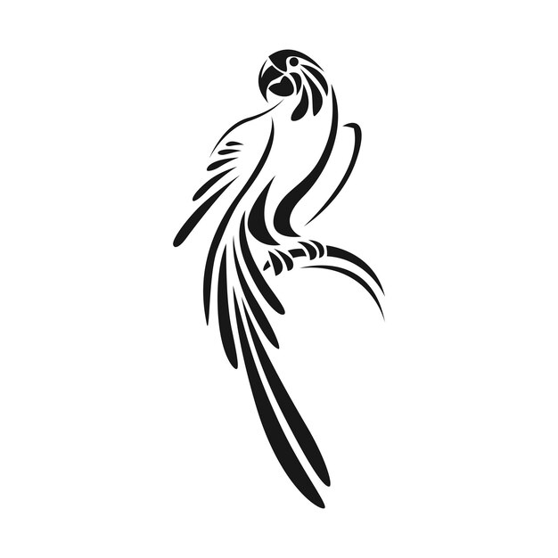 Macaw line art. tropical exotic bird. animal black line art on\
white background. antique carving.