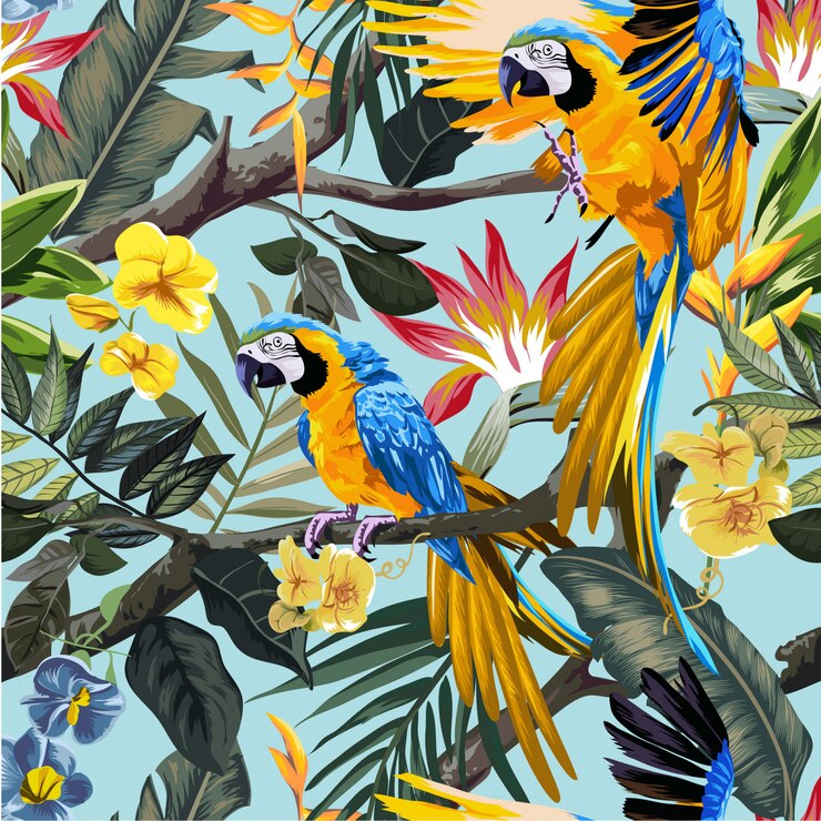 Vector macaw parrots in tropical forest 