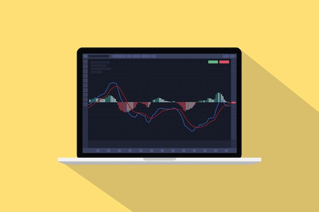 Macd Moving Average Convergence Divergence indicator for stock market trading on laptop screen with modern flat style