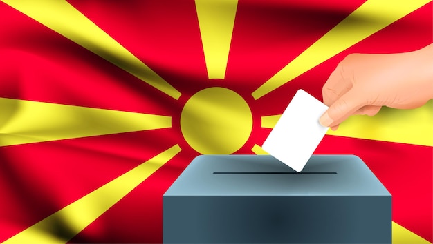 Флаг македонии, мужская рука голосование с фоном идеи концепции флага македонии