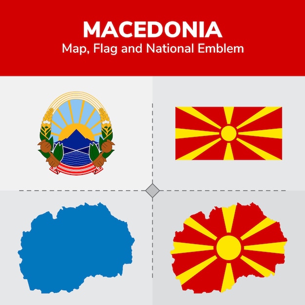 Mappa di macedonia, bandiera e emblema nazionale