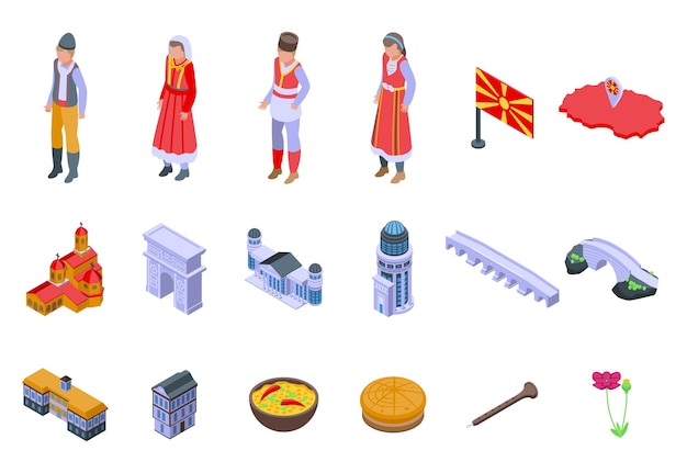 Macedonië pictogrammen instellen isometrische vector Skopje land
