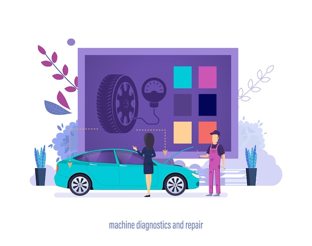 Vettore riparazione della diagnostica della macchina risoluzione dei problemi di diagnostica del computer monitoraggio dell'applicazione del controllo qualità delle automobili riparazione meccanica sostituzione dei pezzi di ricambio delle ruote dei pneumatici illustrazione vettoriale