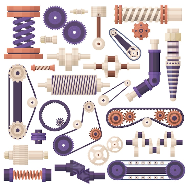Vector machine gear parts machinery engine industry equipment industrial machine parts pipes and screws vector illustration set factory mechanical conveyor elements