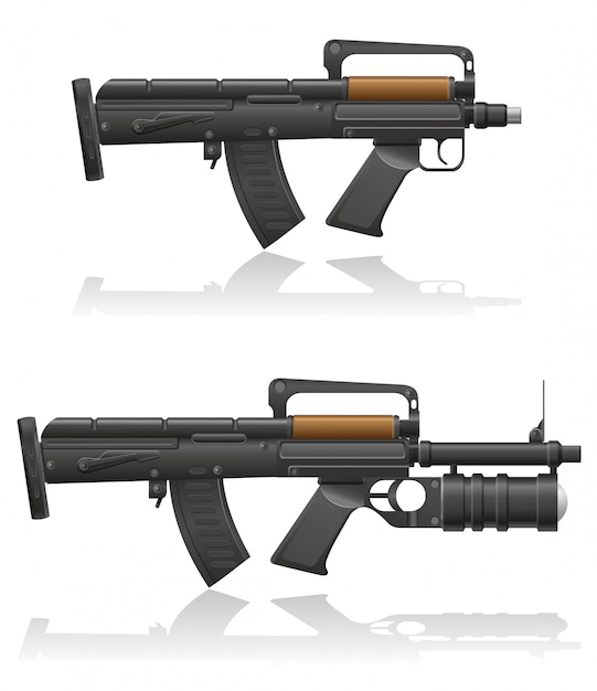 Machine gun with a short barrel and grenade launcher.