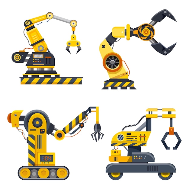 기계 손, 산업 세트. 그랩 클로 핸즈가있는 로봇 암, 로봇 공학 및 자동화 제조, 산업 기술 및 유압 기계