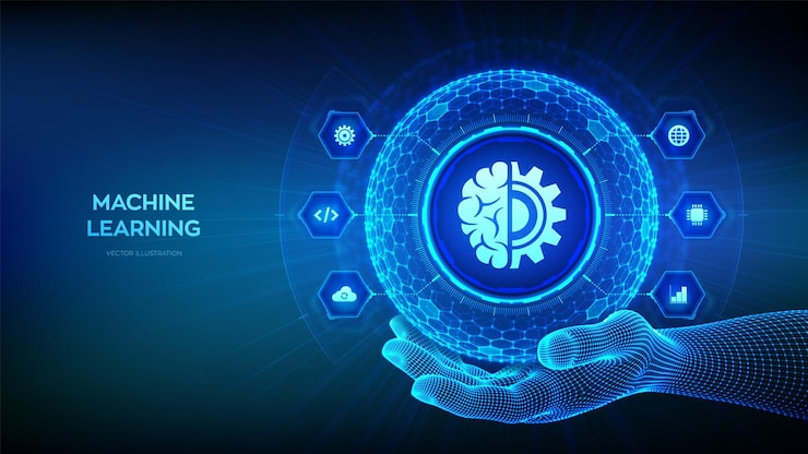 Vector machine learning ai artificial intelligence data mining big data algorithm neural network 3d sphere with surface of hexagons with machine learning icon in wireframe hand vector illustration