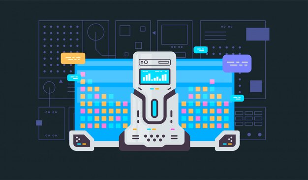 Apprendimento automatico, algoritmo, bandiera di vettore di linea piatta di intelligenza artificiale con icone isolate sul blu