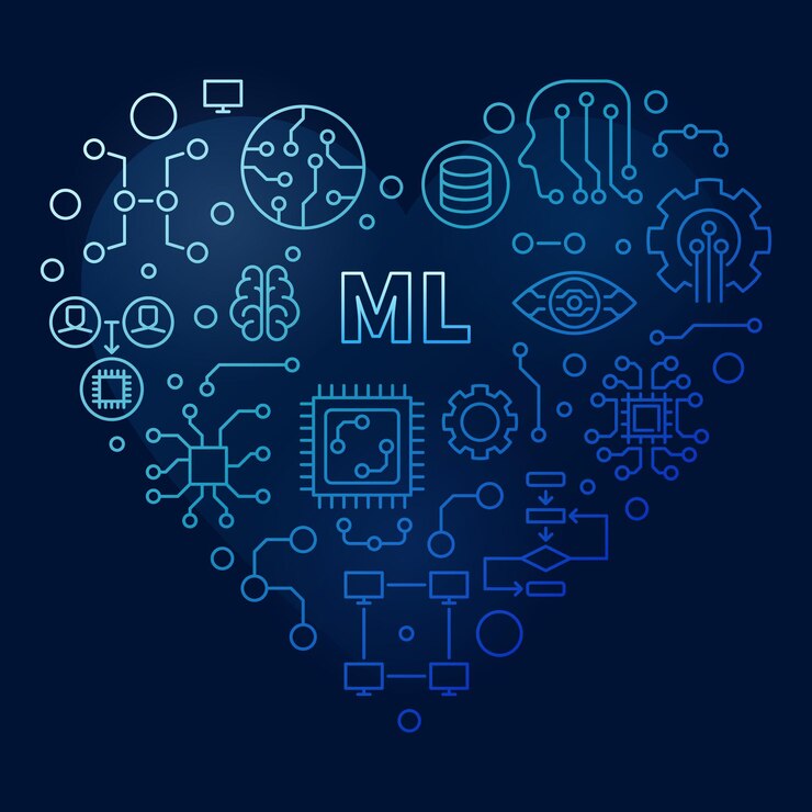 Vector machine learning concept vector outline blue heart shaped banner ml technology illustration with dark background