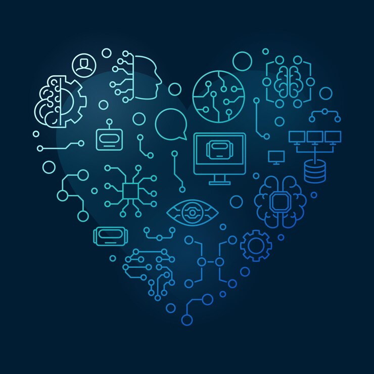 Vector machine learning concept vector outline blue heart shaped banner ml technology illustration with dark background