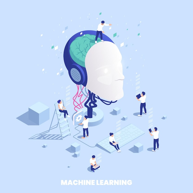 Vector machine learning deep learning isometric composition with head of mannequin artificial brain and people transferring data vector illustration