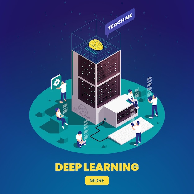 Composizione isometrica di apprendimento profondo di apprendimento automatico con piattaforma rotonda e persone che collegano gadget all'illustrazione vettoriale del server intelligente