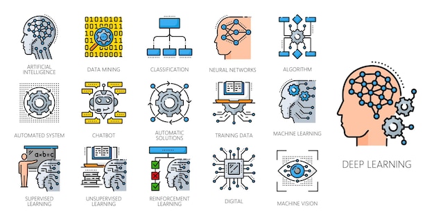 Machine learning kleurlijnpictogrammen AI-algoritme