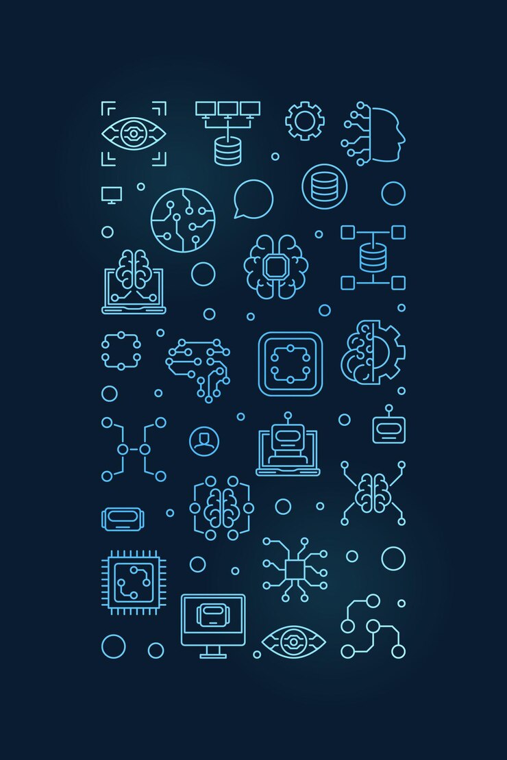 Вектор технология машинного обучения ml концепция синего вертикального контура баннера с темным фоном